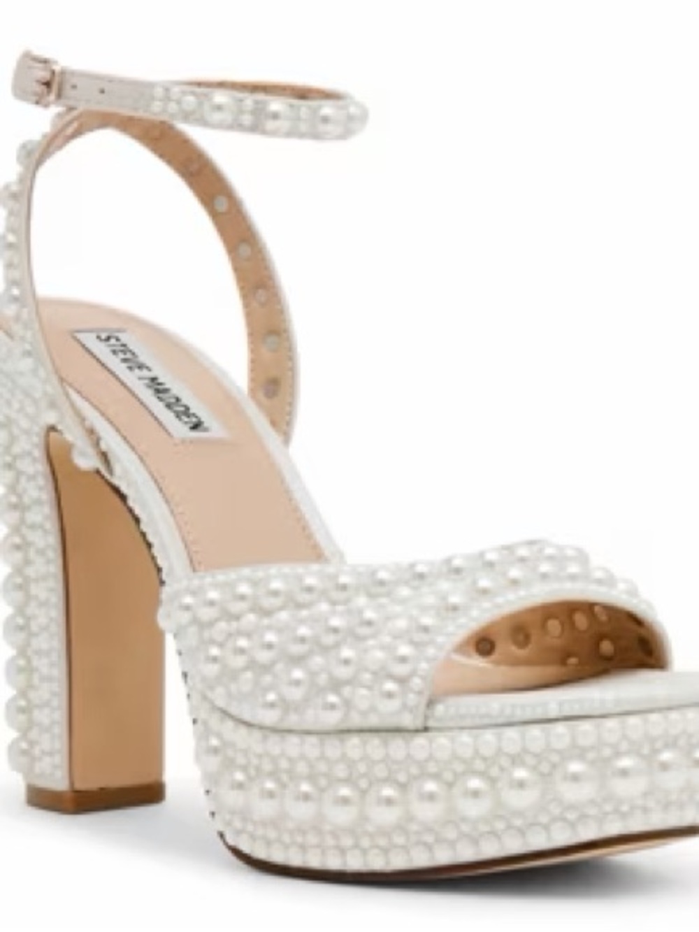 Steve Madden Pearl-Embellished White Platform Heels